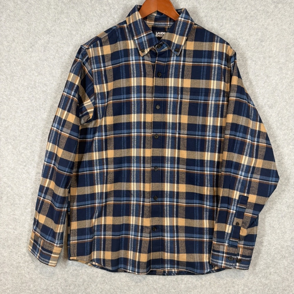 Lands End Mens Rugged Flannel Shirt Blue Plaid Traditional Fit Size Large.